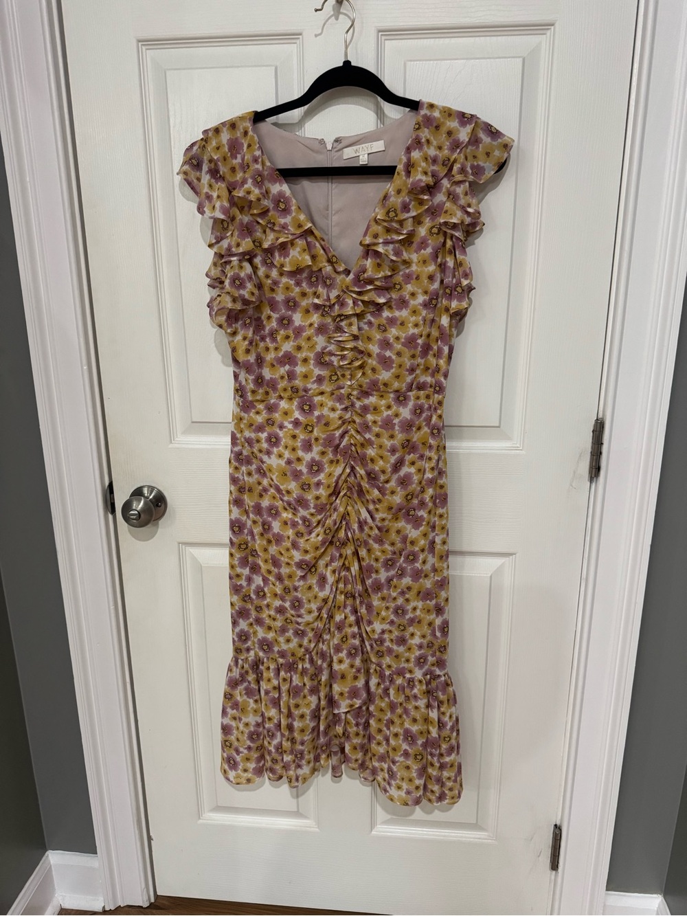 Wayf Lavender & Yellow Floral Ruffle Midi Dress